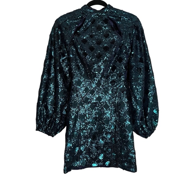 Free People Teal Sequined Chantes Holiday Backless Blouson Sleeves Dress Size 2 - Picture 4 of 16